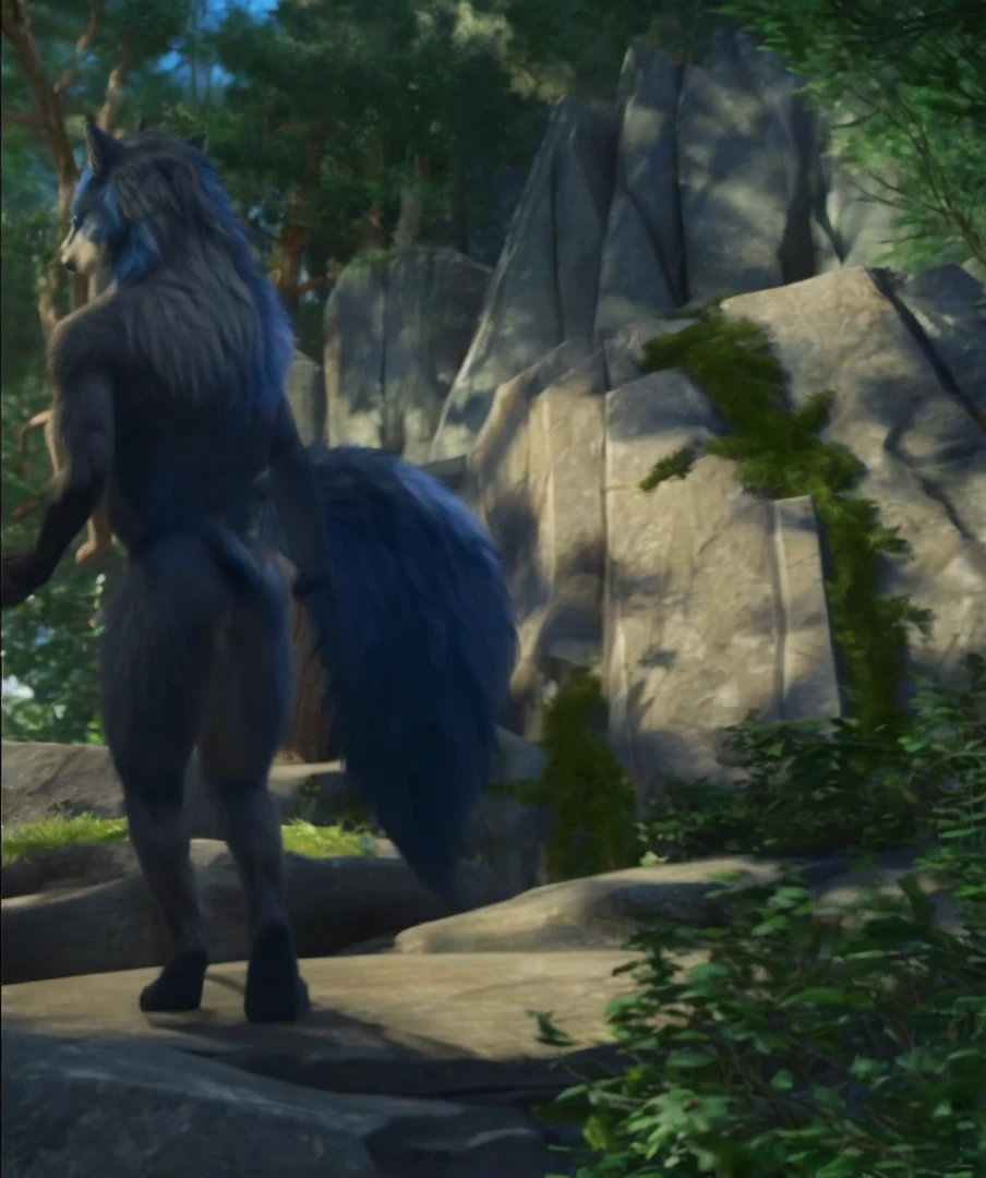 anthro, blue wolf, mating, adult, sexy, buffed body, beefy body, furred body, fluffy butt, furry chest hair, in the forest, realistic, full body, photorealistic, ultra realistic, 8k, bare-chested, black nipples, blue eyes, back turned posing