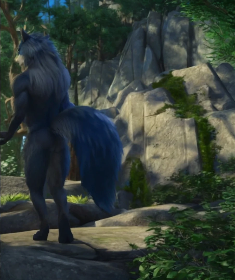 anthro, blue wolf, , adult, sexy, fed body, beefy body, furred body, fluffy butt, furhest hair, in the forest, realistic, full body, photorealistic, ultra realistic, 8k, bare-chested, black nipples, blueback turned posing
