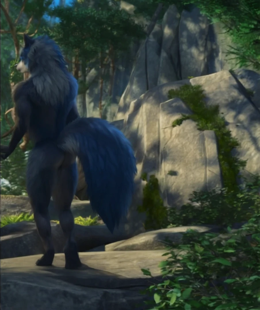 anthro, blue wolf, mating, adult, sexy, buffed body, beefy body, furred body, fluffy butt, furry chest hair, in the forest, realistic, full body, photorealistic, ultra realistic, 8k, bare-chested, black nipples, blue eyes, back turned posing