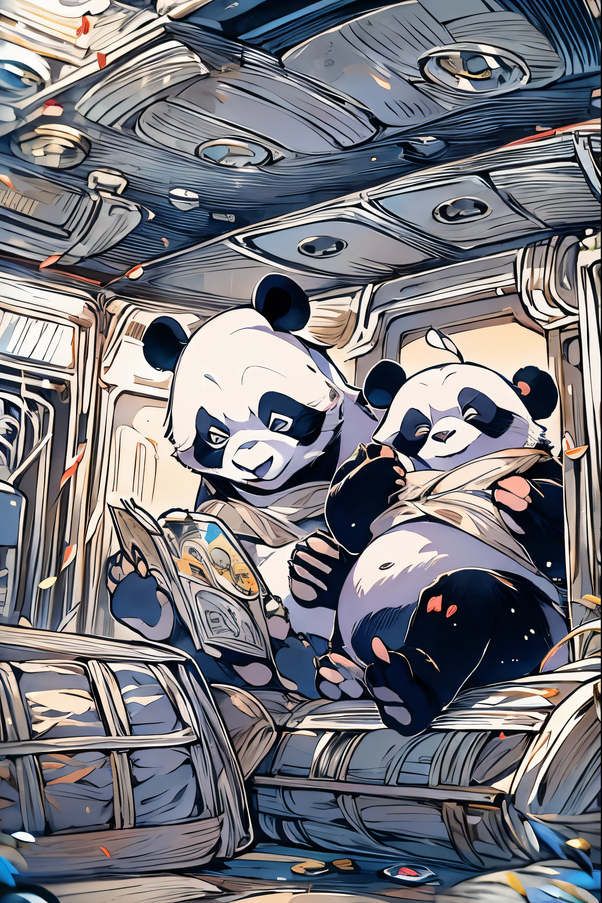 Panda family sightseeing inside USS ENTERPRISE, dune, star wars, masterpiece, coloring-book,