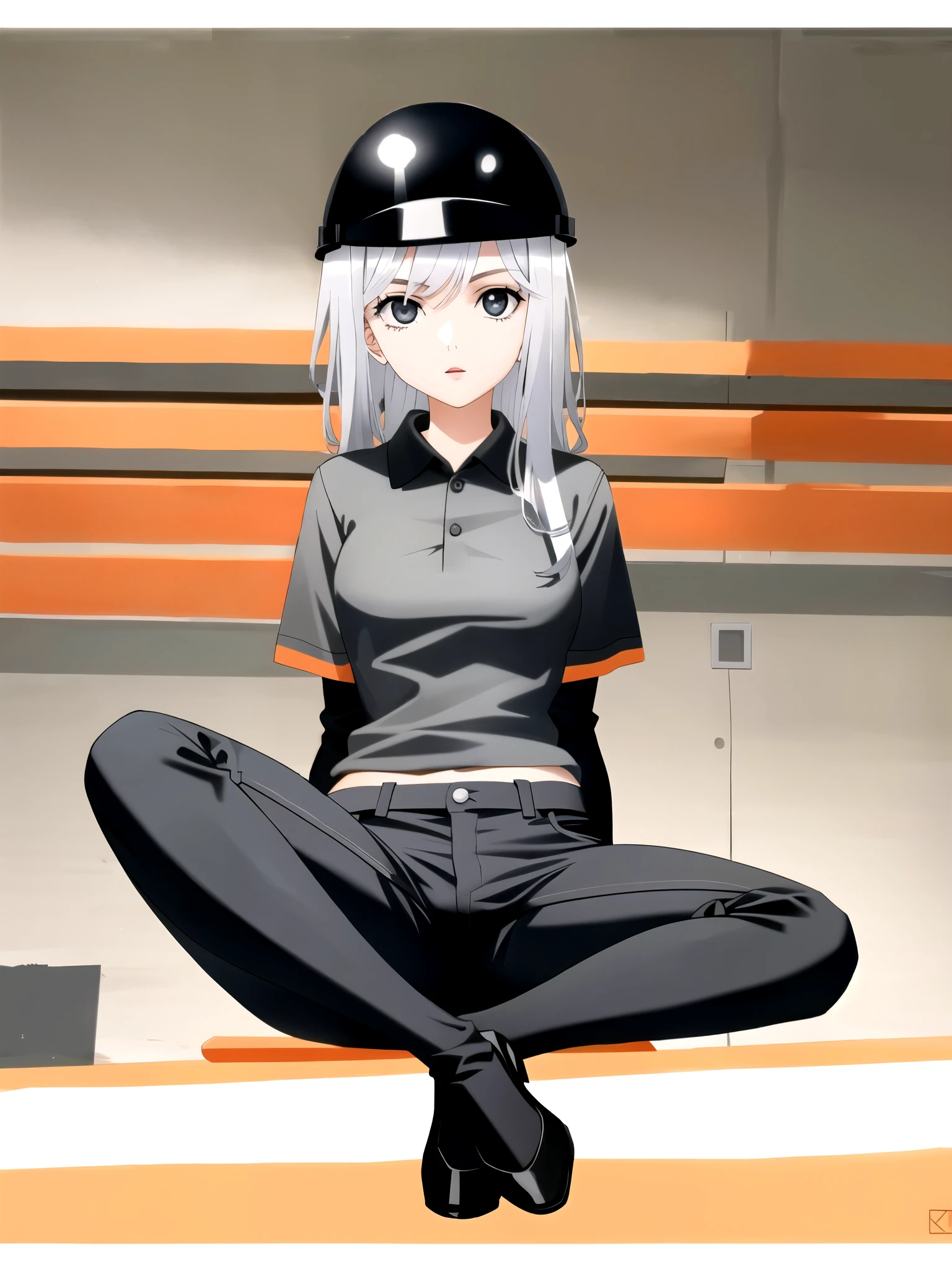 girl in a gray polo shirt, sitting on her butt, black jeans, legs spread, orange construction helmet on her head, background warehouse storage, soviet posters style