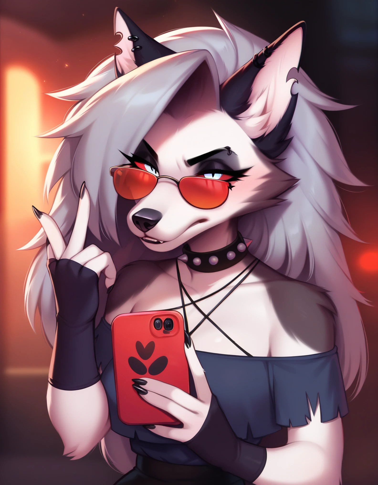 score_9, score_8_up, score_7_up, score_6_up, safe content, by vivzmind, mammal, canid, canid demon, demon, anthro, female, solo, eyewear, jewelry, necklace, helluva boss, gesture, hellhound, loona, choker, sunglasses, goth, official art, inverted cross, instagram
