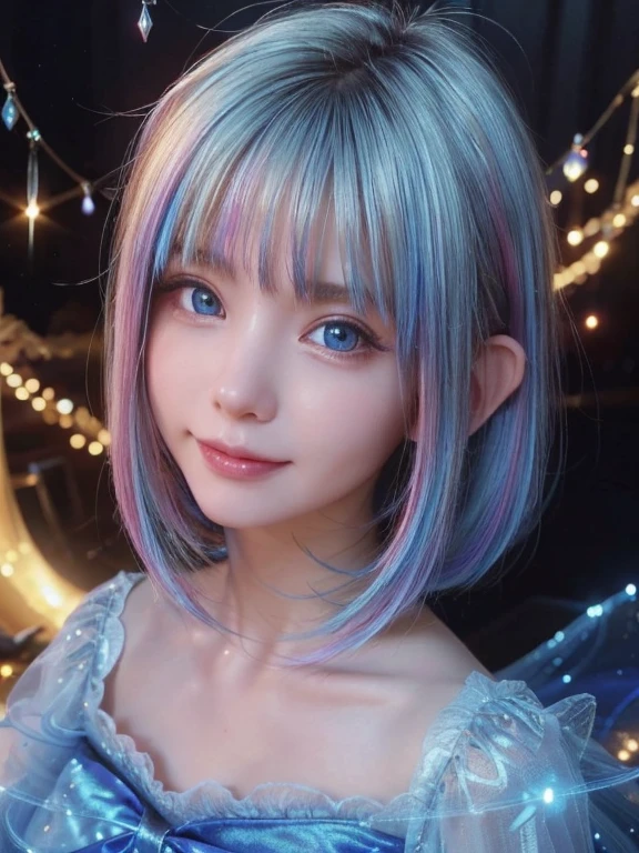 (Best quality, 4k, High-resolution, Masterpiece:1.2), Ultra-detailed, Realistic, Radiant lighting, Epoch Elves, White Hair, Dodger Blue Eyes, Fantastical colors, Fine art, Ethereal beings, Dreamlike, Whimsical creatures, Detailed facial features, Glowing eyes, Elven beauties, Perfect Body, Large Breasts, Ethereal glow, Mythical creatures, Harmonious composition, Dazzling colors, Stunning visual effects, Otherworldly appearance, Mesmerizing artistry, Beautiful Smile, Eye Contact, Transparent Dress, Close up Body, No Blur Filter