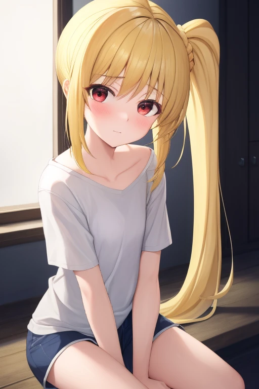masterpiece, highest quality:1.2), Blonde girl with red eyes, Side Ponytail,
shorts, hand between legs ,Embarrassed, Inside the house,
Super detaileded, highest quality, Expressive eyes, Perfect Face, super high quality, Super detailed