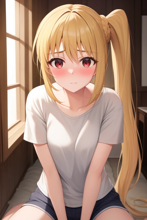 masterpiece, highest quality:1.2), Blonde girl with red eyes, Side Ponytail,
	shorts, 	hand between legs ,Embarrassed, Inside the house, 
Super detaileded, highest quality, Expressive eyes, Perfect Face, super high quality, Super detailed