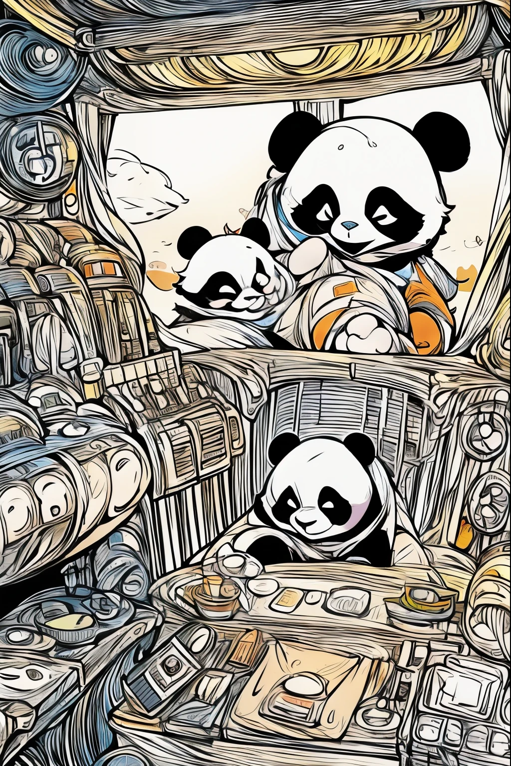 Panda family sightseeing inside USS ENTERPRISE, dune, star wars, masterpiece, coloring-book,