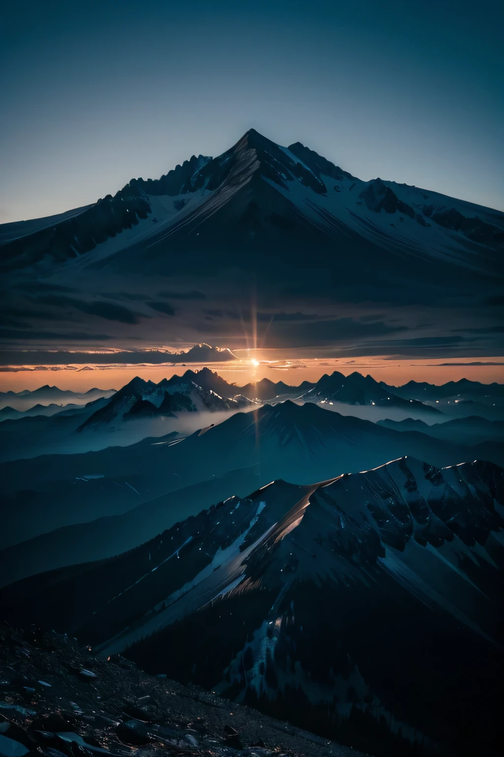A real dark mountain range with a clear beginning and end, pov: front