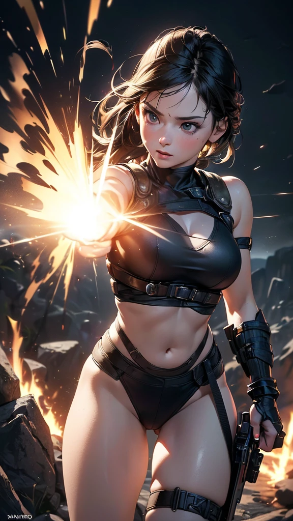 (best quality,4k,8k,highres,masterpiece:1.2),ultra-detailed,(realistic,photorealistic,photo-realistic:1.37), HDR, studio lighting, vivid colors,futuristic female warrior,pale skin,beautiful epic composition,wearing tomb raider outfit,overhead view,finely detailed skin,black background with red flare, kung fu stance, close up 