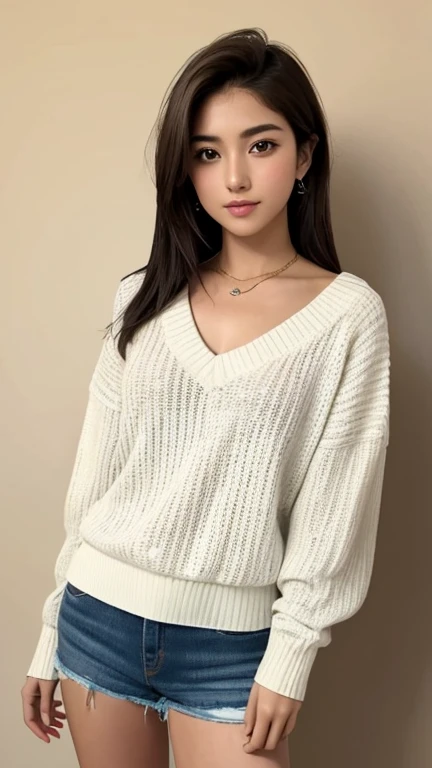 1 chica en, edad19, Solo, pelo largo, Colosal , mirando al espectador, pelo rubio, hombros descubiertos, Brown eyes, joya, cuerpo completo, un collar, fuera de los hombros, Sweaters, realista, un sexy