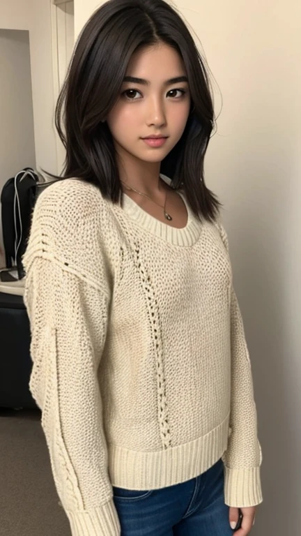 1 chica en, edad19, Solo, pelo largo, Colosal , mirando al espectador, pelo rubio, hombros descubiertos, Brown eyes, joya, cuerpo completo, un collar, fuera de los hombros, Sweaters, realista, un sexy