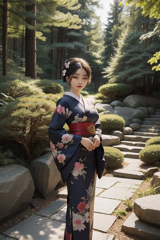 A beautiful geisha in national dress in a Japanese rock garden. ink drawing. the color. hyperdetalization. high resolution. bright lighting. aesthetically pleasing. a multi-layered landscape.