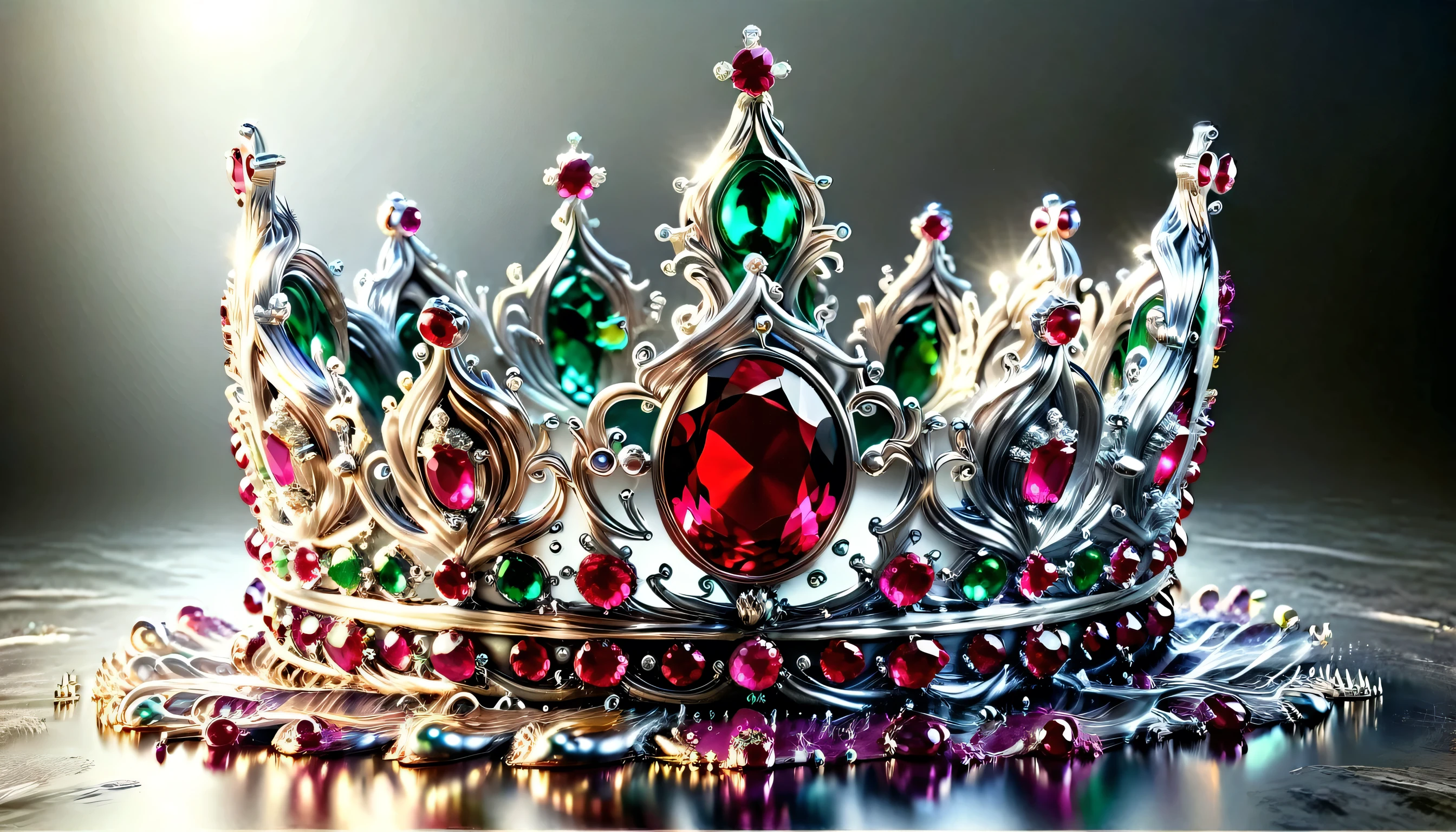 (liquid metal art: 1.5) LIQUID METAL a picture of 1jeweled crown ( (masterpiece, best detailed, best quality: 1.4), the crown is made from (gold: 1.2), (silver: 1.3), it is encrusted and decorated with (rubies: 1.3), emeralds: 1.3) and (opals: 1.3), dynamic background, close range picture,  ultra wide shot, photorealism, depth of field, hyper realistic, ral-ntrgmstn, watce, metallic