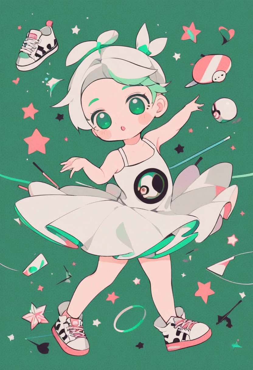 simple,blankspace,pop design,minimal,Girl Dancing Ballet,dress,sneakers, cute ,neo-pop style illustrations, emerald-green background, using white palette,