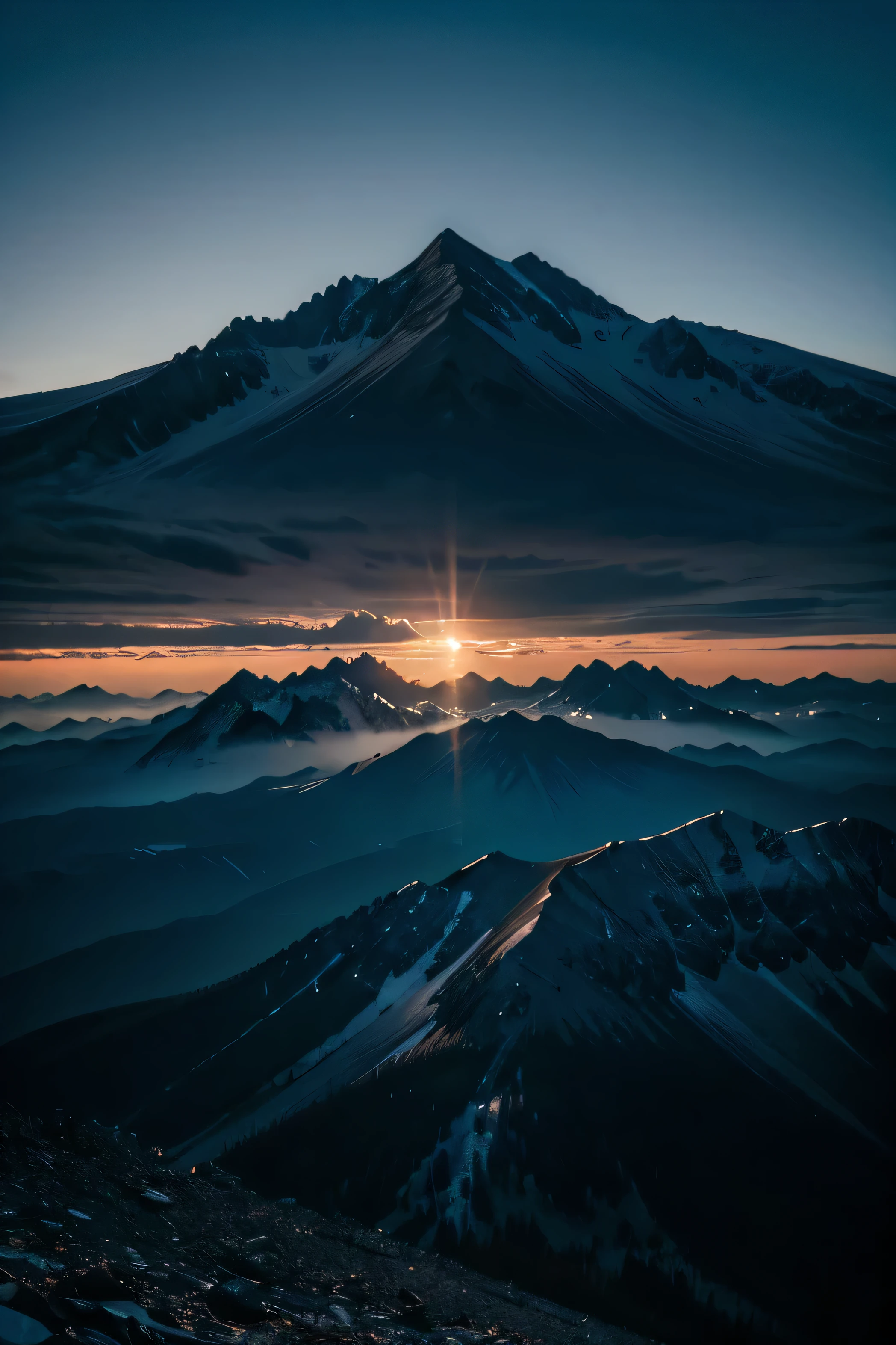 A real dark mountain range with a clear beginning and end, pov: front