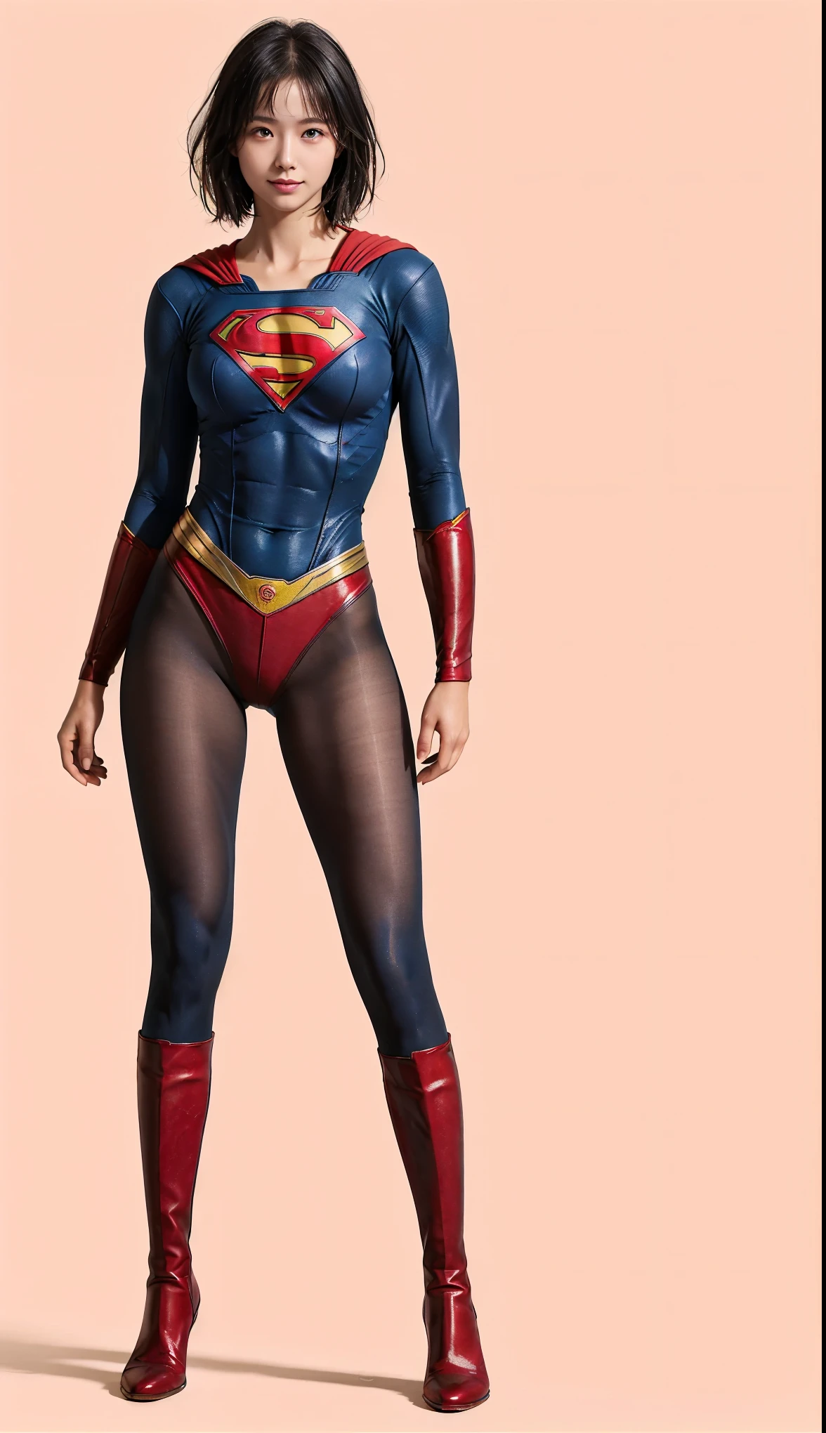No background、(((Beautiful legs in black tights.)))、(((Legally express the beauty of your smile)))、((((Make the most of your original images)))、(((Supergirl Costume)))、(((Beautiful short bob hair)))、(((suffering)))、(((Please wear black tights....、Wear red boots)))、((Best image quality、8k))、((highest quality、8k、masterpiece:1.3))、(((Preserve background )))、Sharp focus:1.2、Beautiful woman with perfect figure:1.4、Slim Abs:1.2、Wet body:1.5、Highly detailed face and skin texture、8k