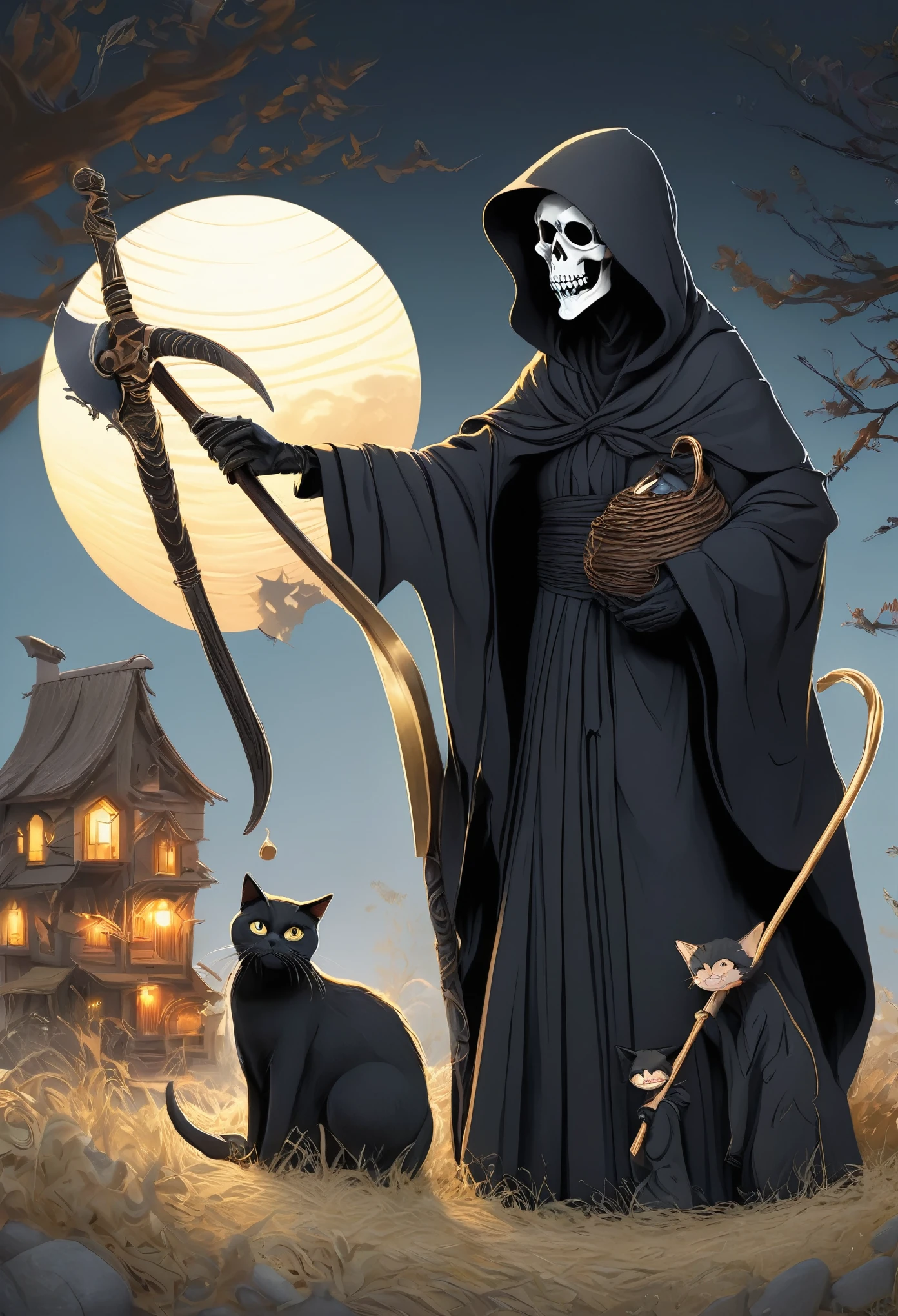 Comical Grim Reaper、Grim Reaper with the face of a young girl、Beautiful Face、He has a scythe bigger than his body.、Sleepy face、Eyes closed、yawn、With a black cat as his servant、Warm impression、Masterpiece、Comical taste、Golden Ratio、