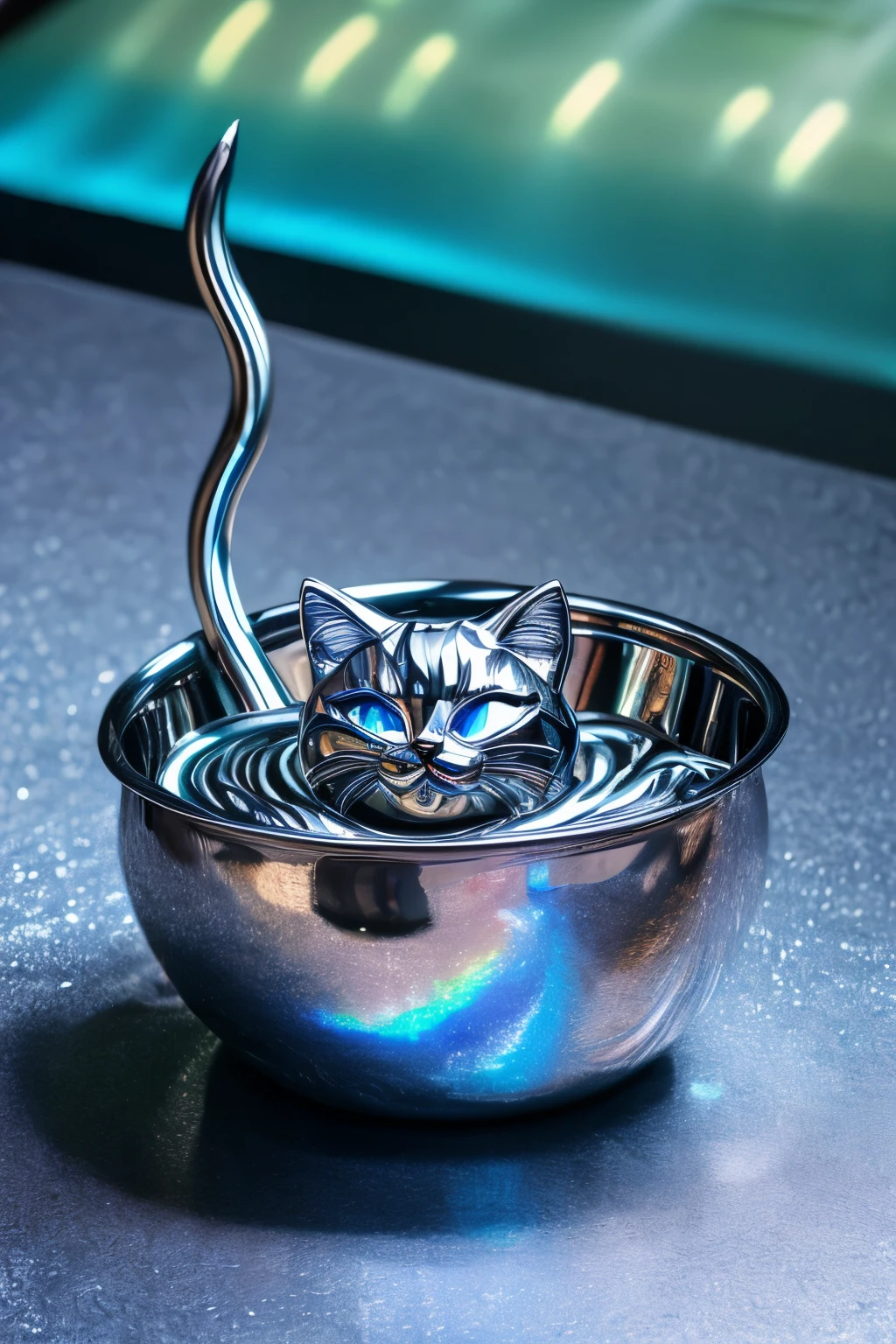 chibi, super deformed, furry, funny, fluffy, best quality, masterpiece, cute liquid metal cat that fits in a bowl as if it were melted, (Iridescent liquid metal overflowing from the bowl), liquid metal, fantasy, iridescent shining, image effects