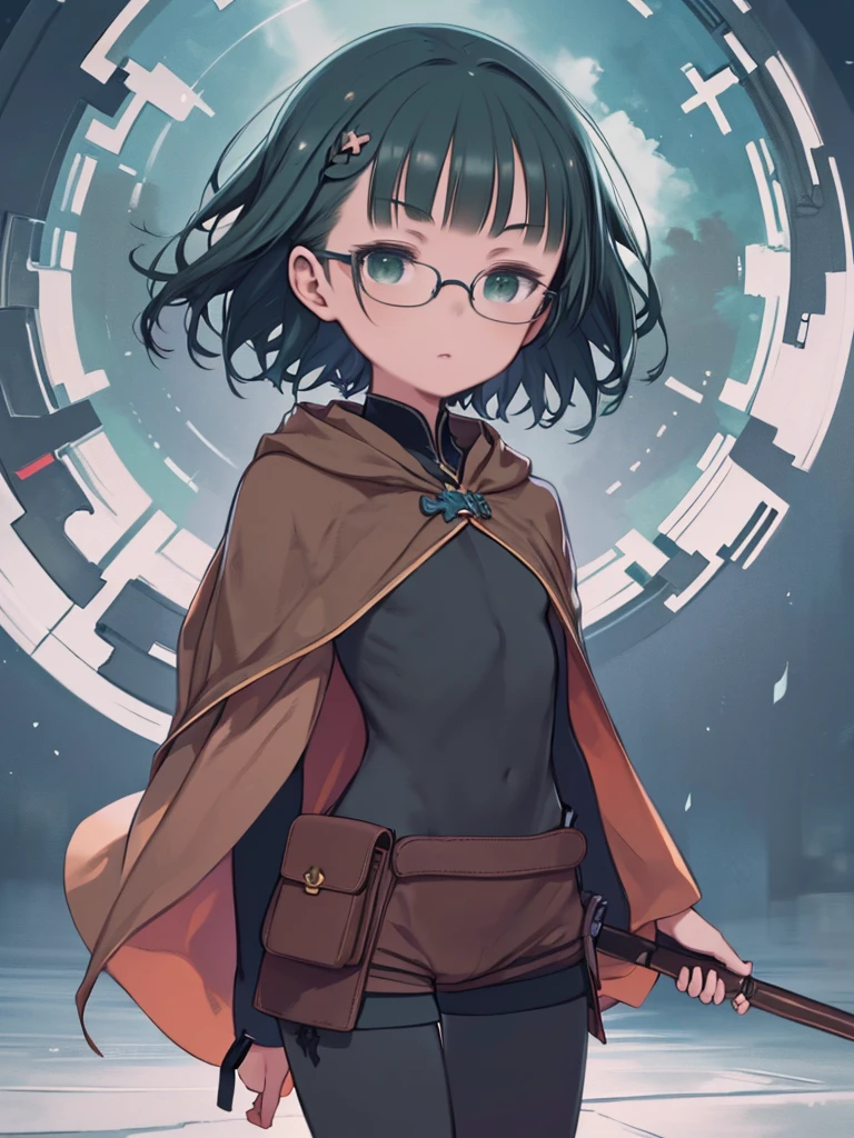 Woman in cape and cloak holding magic wand in forest、masterpiece, Super detailed, 8K Portrait, RAW Photos, Portrait Photography, Highly detailed face, Beautiful and meticulous eyes, ((Fantasy)), Young and pretty, 15 years old, , Dynamic pose, (((short dark green bob hair))), Blunt bangs, Light skin, Glasses, luxury, (((Tunic and shorts))), (((Brown cape))), (((little waist hip pouch))), (((Dark thigh-length tights))), High Cut Leather Boots, ((Hold a long magic wand)), Midday Sun, Ultra-realistic, Slender body, Flat Chest, Long legs, About the burden in the Middle Ages, Ambient Lighting, Shadow Details , Camera focus on face, Strong winds, Light fog