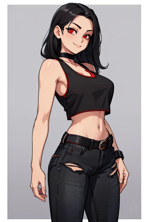 female, silver long hair with black highlights, red eyes, (((1girl))), (((red cropped tank top))), (black denim jeans), (black sneakers), (black belt), (black choker), cute and sexy, full body, large breasts, large butt, long legs, smiling