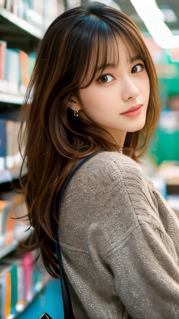 Best quality, 8k,  ,Masterpiece :1.3)), facing viewer,((full body1.2)) ,pretty woman, wide shot ,1girl, ,  ,, Library  , brown hair  , bangs,ultra-detailed face, highly detailed lips, detailed eyes, double eyelid