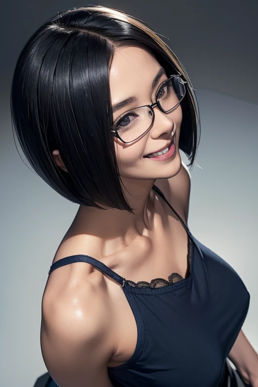 (masterpiece), (8k, best quality, high resolution), (ultra-detailed, realistic), (anatomically correct),
((from above)), ((looking up)),
((face close-up)), (Standing), (((looking back))), (No background),
(1woman), ((looking at viewer)), (show your back),
(A Japanese woman, 30 years old and 155cm tall.),
((Wear a navy blue tunic camisole)), ((A camisole without decoration.)),
(black hair), (straight hair), (short hair style), ((bob cut)),
(wear glasses), (black square cell glasses),
((smile broadly)),
(Her impression is pure, clean and kind.),