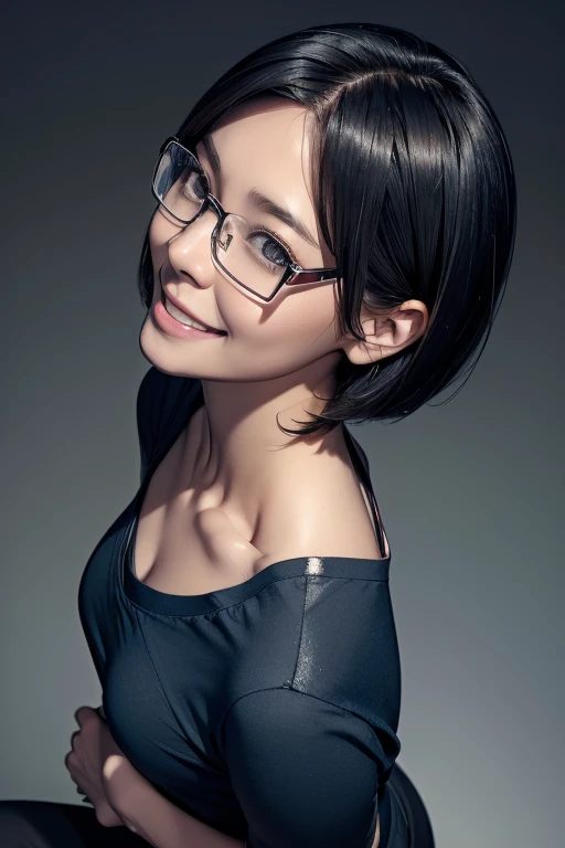 (masterpiece), (8k, best quality, high resolution), (ultra-detailed, realistic), (anatomically correct),
((from above)), ((looking up)),
((face close-up)), (Standing), (((looking back))), (No background),
(1woman), ((looking at viewer)), (show your back),
(A Japanese woman, 30 years old and 155cm tall.),
((Wear a navy blue tunic camisole)), ((A camisole without decoration.)),
(black hair), (straight hair), (short hair style), ((bob cut)),
(wear glasses), (black square cell glasses),
((smile broadly)),
(Her impression is pure, clean and kind.),