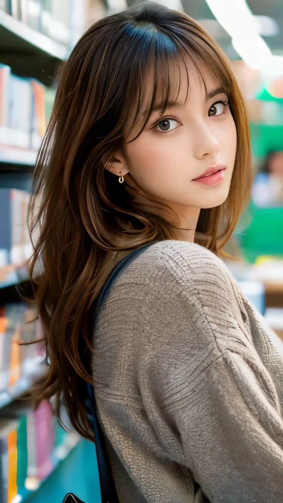 Best quality, 8k,  ,Masterpiece :1.3)), facing viewer,((full body1.2)) ,pretty woman, wide shot ,1girl, ,  ,, Library  , brown hair  , bangs,ultra-detailed face, highly detailed lips, detailed eyes, double eyelid