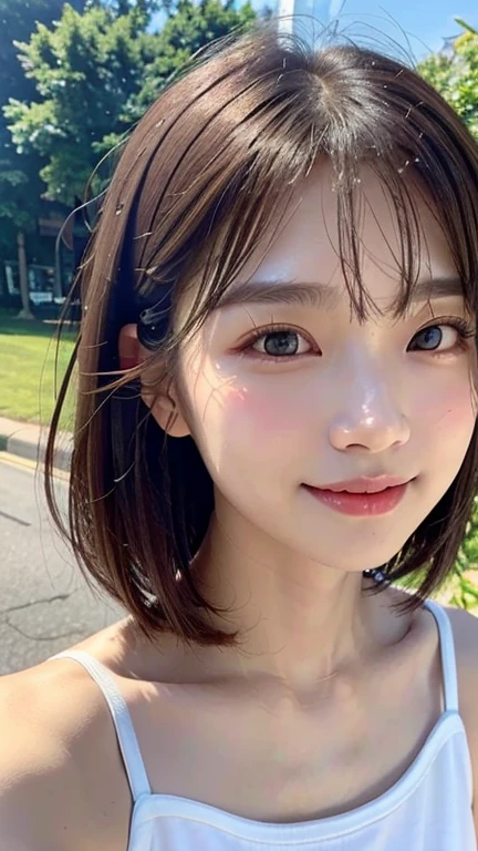(((Close-up of face)))、(((Absolutely shoulder-length brown straight short bob)))、(((She is posing like a hair salon model with a park with a blue sky in the background.)))、(((She is wearing casual clothes suitable for early summer.。The shoulders are hidden)))、(Natural laughter:1.15)、Half Japanese, half Korean、18 year old girl、Standing Alone、Looking forward、Light eye makeup、Brown Hair Color、Flat and 、Hair blowing in the wind、Actress Quality、Glossy, ultra-realistic face、Smiling face、Watery eyes、Gazing Up、Subtle lighting effects、 Ultra-Realistic Capture、Very detailed、High resolution 16K close up of human skin。Skin texture must be natural、The details must be such that pores can be clearly seen、The skin is healthy、Uniform tone、Use natural light and colors、A worn-out, high-quality photo taken by a model agency&#39;s in-house photographer.、smile、(((SIGMA 300 mm F/1.4,1/1000 sec shutter,ISO 400)))、The background is F-stop 1..4 is blurred
