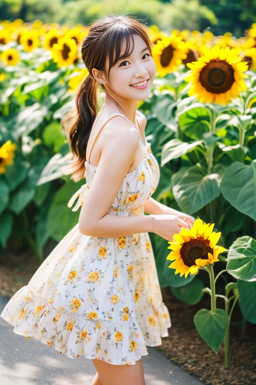 highest quality、masterpiece、8ｋ、Sharp focus, Beautiful woman with perfect figure,One Girl、A girl with a ponytail wearing a mini summer dress walking in a park with sunflowers blooming（Dress color is random）、Pretty girl、Toned body、Medium chest、 A light smile,