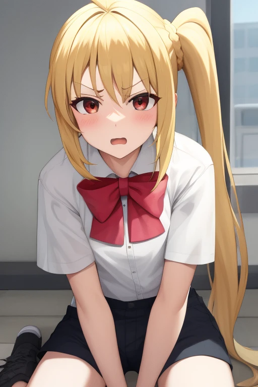 masterpiece, highest quality:1.2), Blonde girl with red eyes, Side Ponytail,
	shorts, 	hand between legs ,Angry face, School, 
Super detaileded, highest quality, Expressive eyes, Perfect Face, super high quality, Super detailed