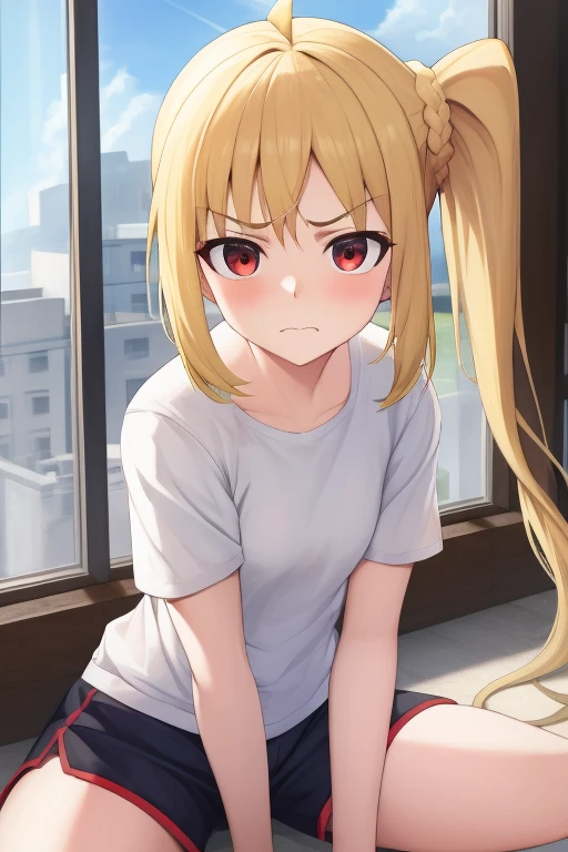 masterpiece, highest quality:1.2), Blonde girl with red eyes, Side Ponytail,
	shorts, 	hand between legs ,Angry face, School, 
Super detaileded, highest quality, Expressive eyes, Perfect Face, super high quality, Super detailed