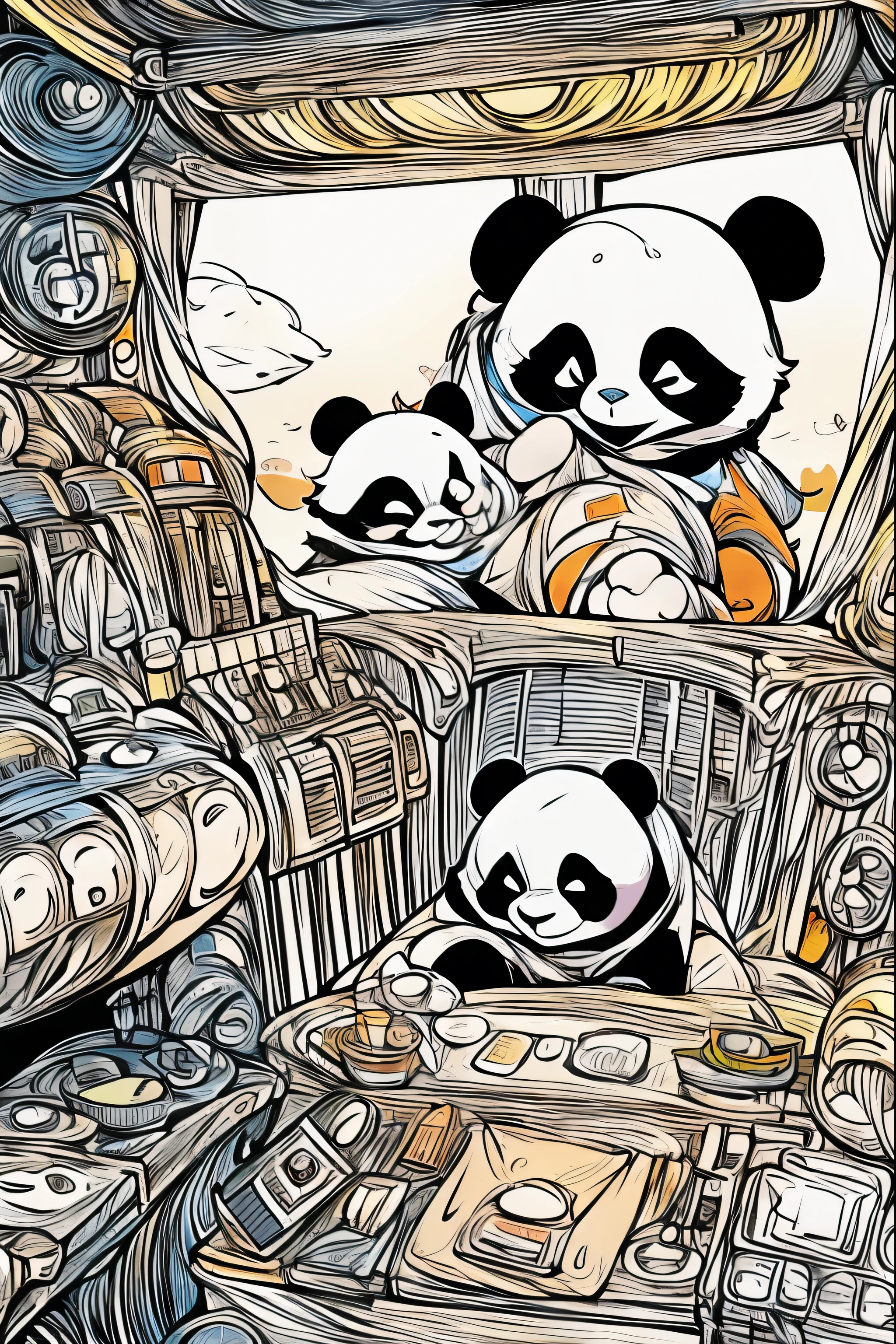 Panda family sightseeing inside USS ENTERPRISE, dune, star wars, masterpiece, coloring-book,