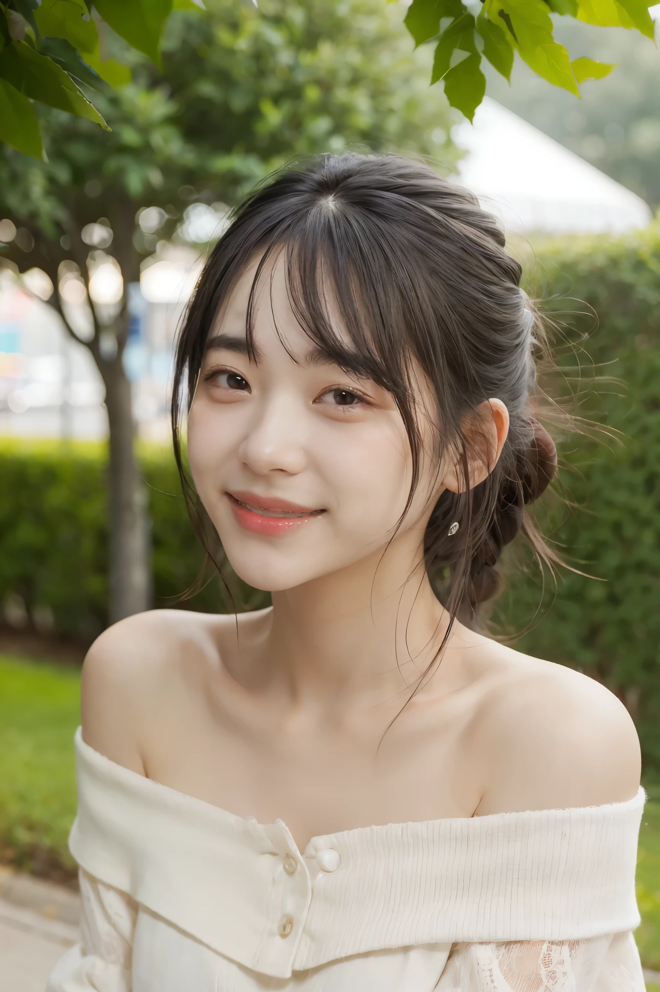 1 girl, Off the shoulder, smile softly, Shiny skin, best quality, Masterpiece, (realistic:1.4)
