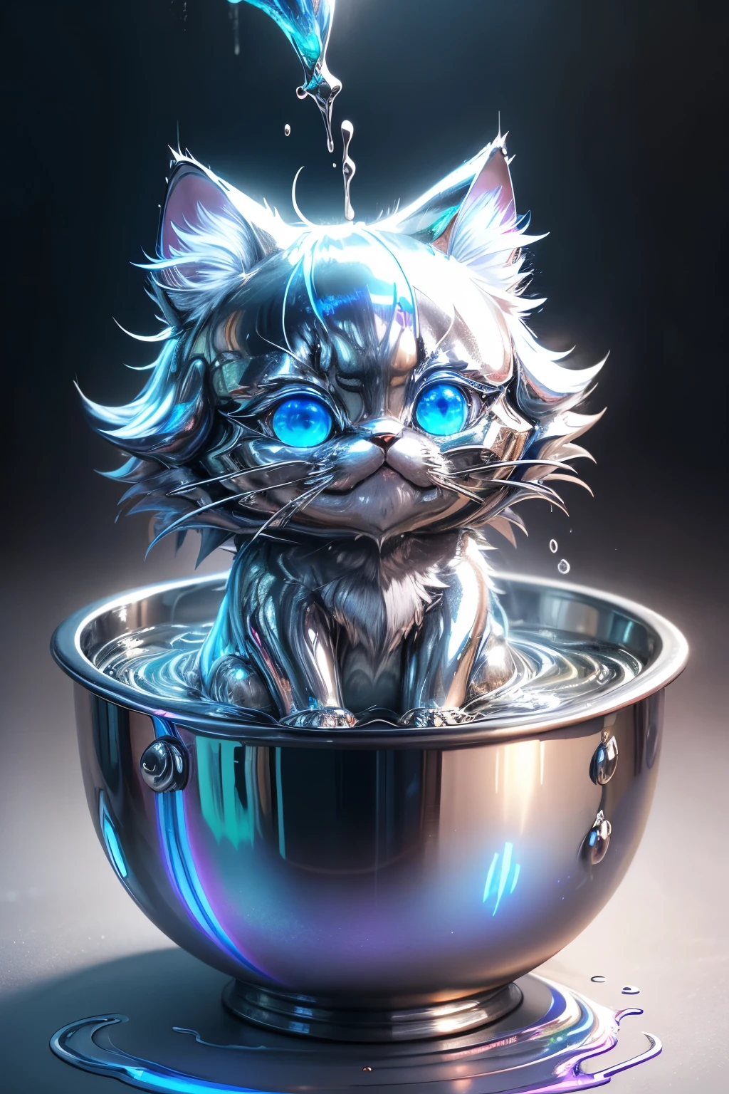 chibi, super deformed, furry, funny, fluffy, best quality, masterpiece, cute liquid metal cat that fits in a bowl as if it were melted, (Iridescent liquid metal overflowing from the bowl), liquid metal, fantasy, iridescent shining, image effects