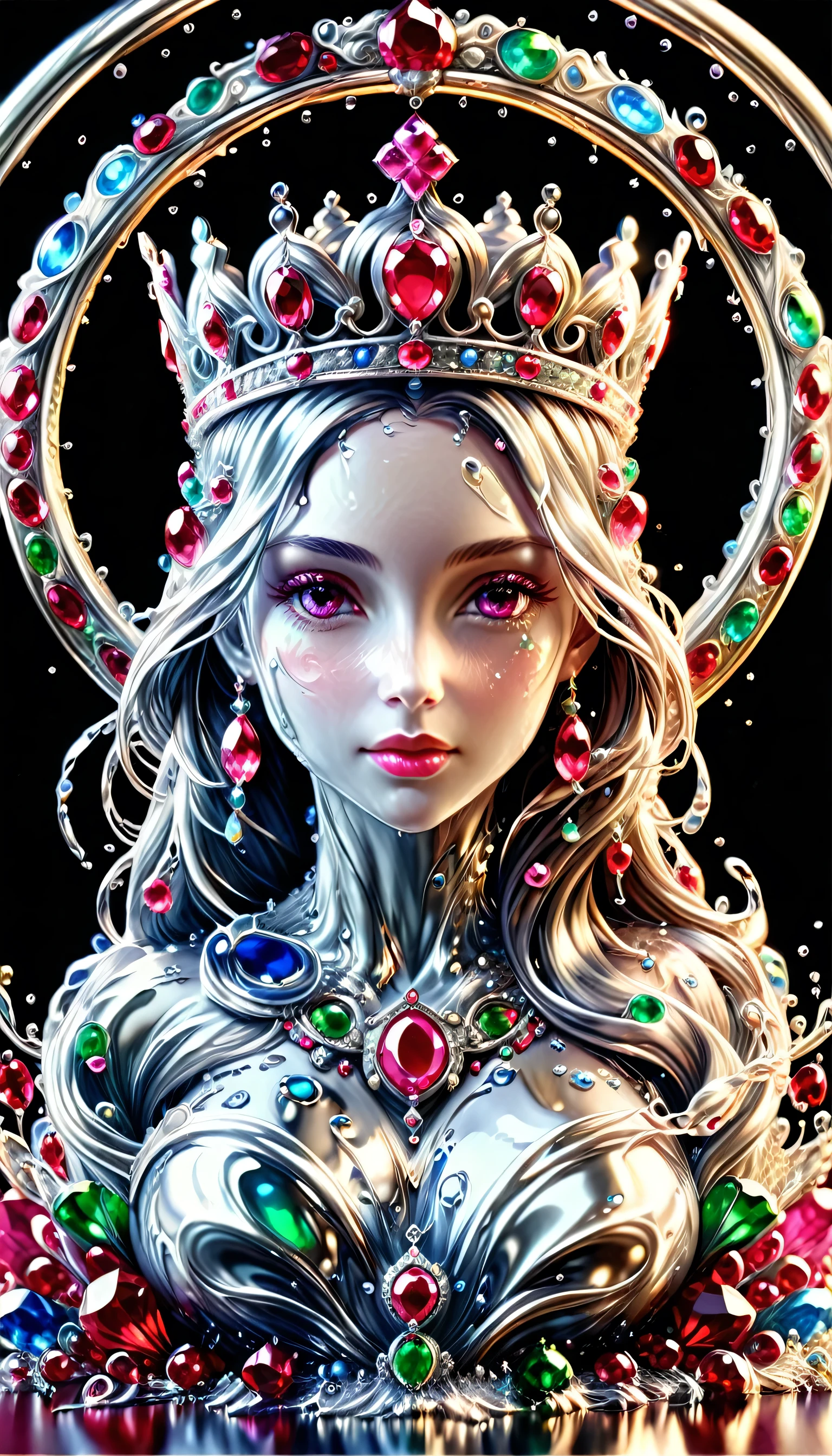 (liquid metal art: 1.5) LIQUID METAL a picture of jeweled crown ( (masterpiece, best detailed, best quality: 1.4), the crown is made from (gold: 1.2), (silver: 1.3), there are golden swirls watce, ( (masterpiece, best detailed, best quality: 1.2), there are silver swirls watce ( (masterpiece, best detailed, best quality: 1.2),  it is encrusted and decorated with (rubies: 1.3), emeralds: 1.3) and (opals: 1.3), dynamic background, close range picture,  ultra wide shot, photorealism, depth of field, hyper realistic, ral-ntrgmstn, watce, metallic, ais-moltenz