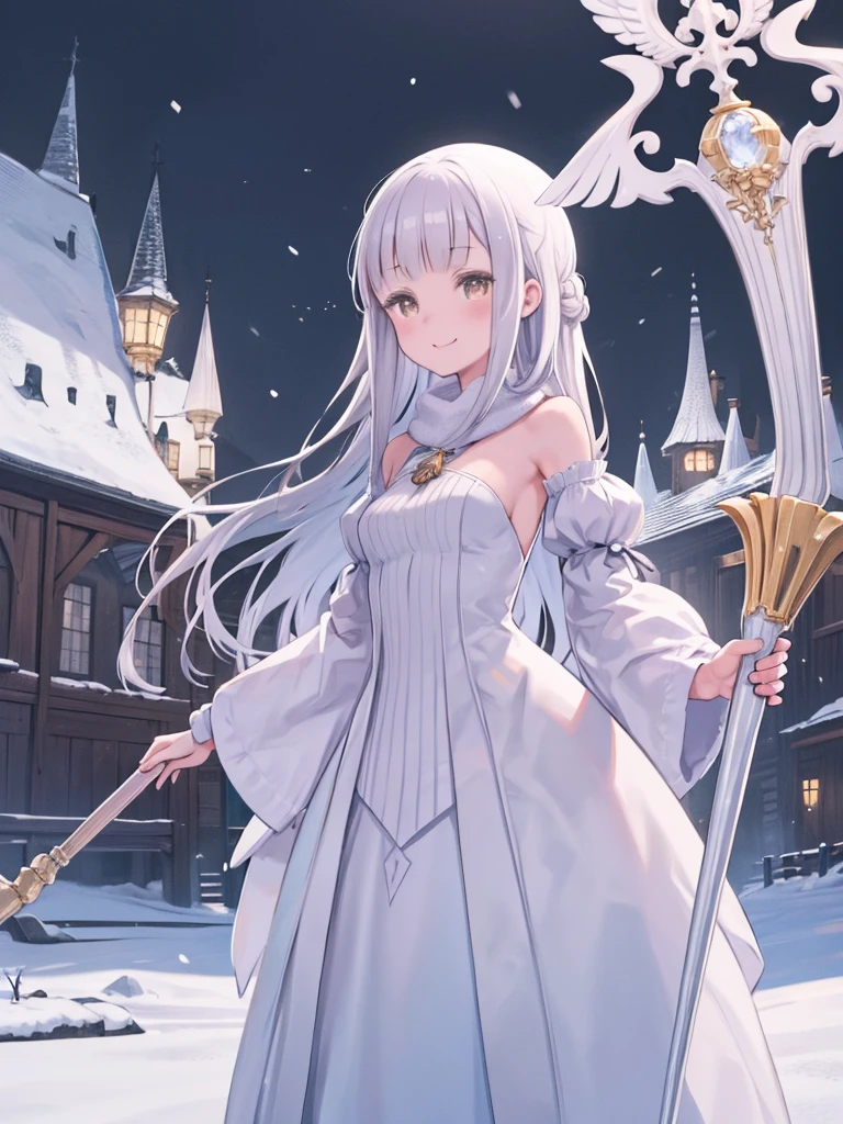 snowの中で杖を持ったWhite Dressを着た女性、One girl, alone, Are standing, snow, ice, snowy town, Ophelia, White Dress, White Cape, Elbow hand pockets, staff, holding staff, Brown eyes, smile