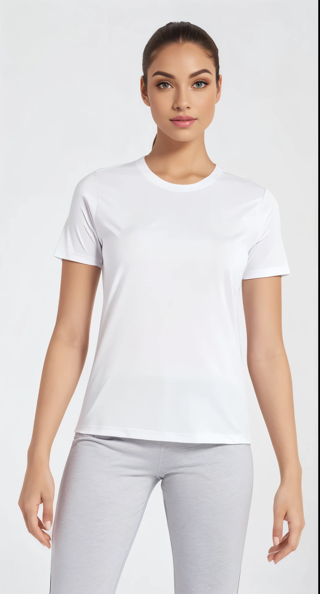 uma (((mulher))) beautiful woman in white shirt and gray pants posing for a photo, white Camiseta, white camiseta, dressed in a white Camiseta, camiseta branca, vestido com uma camiseta branca, Camiseta, camiseta, plain camiseta branca, wearing Roupas brancas, sport Camiseta, Brasil, Roupas brancas, roupas brancas, in Roupas brancas
