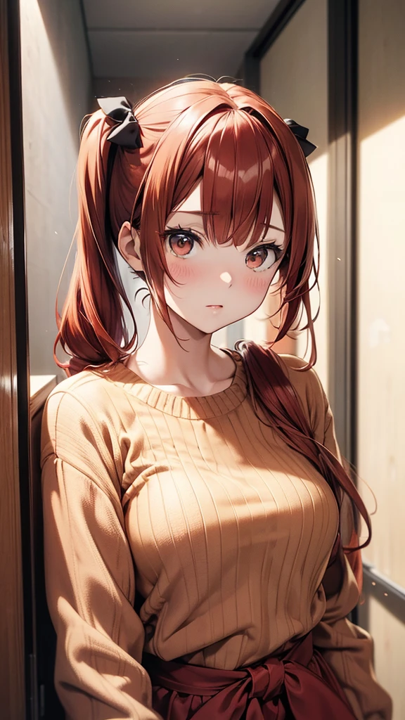 ore no imouto ga konna ni kawaii wake ga nai, 25-yers-old girl with crimson red hair- pulled up into twin ponytails, wearing a brown sweater dress, virgin killer, hallway background, upper body portrait 