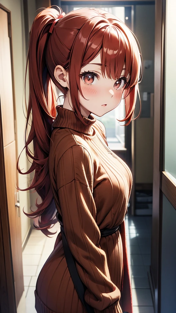 ore no imouto ga konna ni kawaii wake ga nai, 25-yers-old girl with crimson red hair- pulled up into twin ponytails, wearing a brown sweater dress, virgin killer, hallway background, upper body portrait 