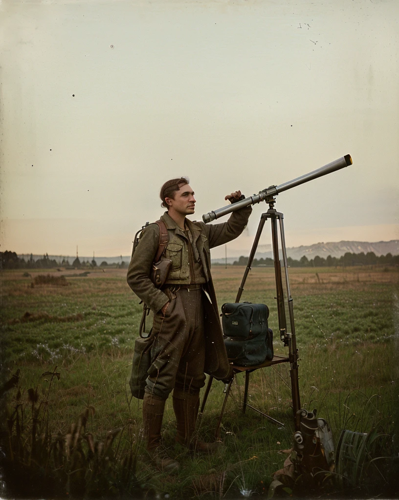 arafed man in a field with a telescope and a backpack, frank moth, vintage photography, 8k artistic 1920s photography, telescope, looking into the distance, old photography, postapocalyptic explorer, victor antonov, inspired by wijayya