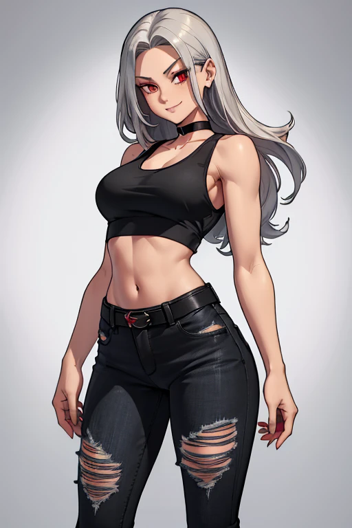 female, silver long hair with black highlights, red eyes, (((1girl))), (((red cropped tank top))), (black denim jeans), (black sneakers), (black belt), (black choker), cute and sexy, full body, large breasts, large butt, long legs, smiling