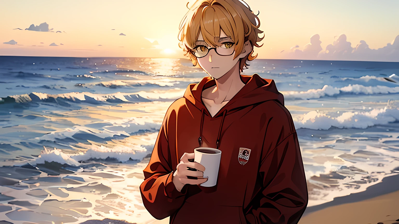 Anime Blonde short curly haired teenage Boy, with Yellow eyes, Glasses, Freckles on the face, wearing a Red hoodie, drinking a cup of coffee, Beach Sunrise Background 