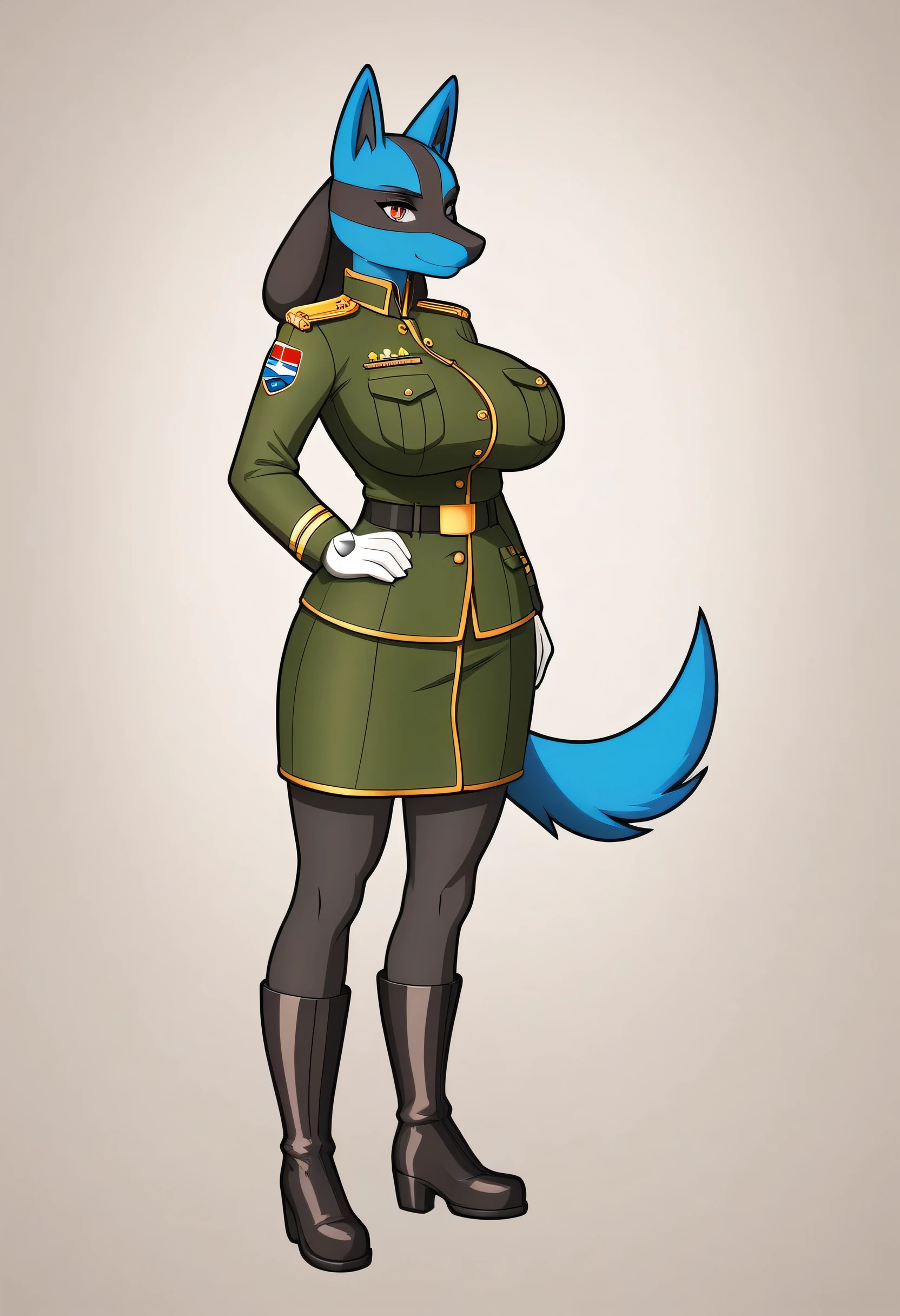 Prompt:  large breasts, military outfit, ship backround, masterpiece, long_legs, standing_up, military boots, tall_stack,LucarioXL,