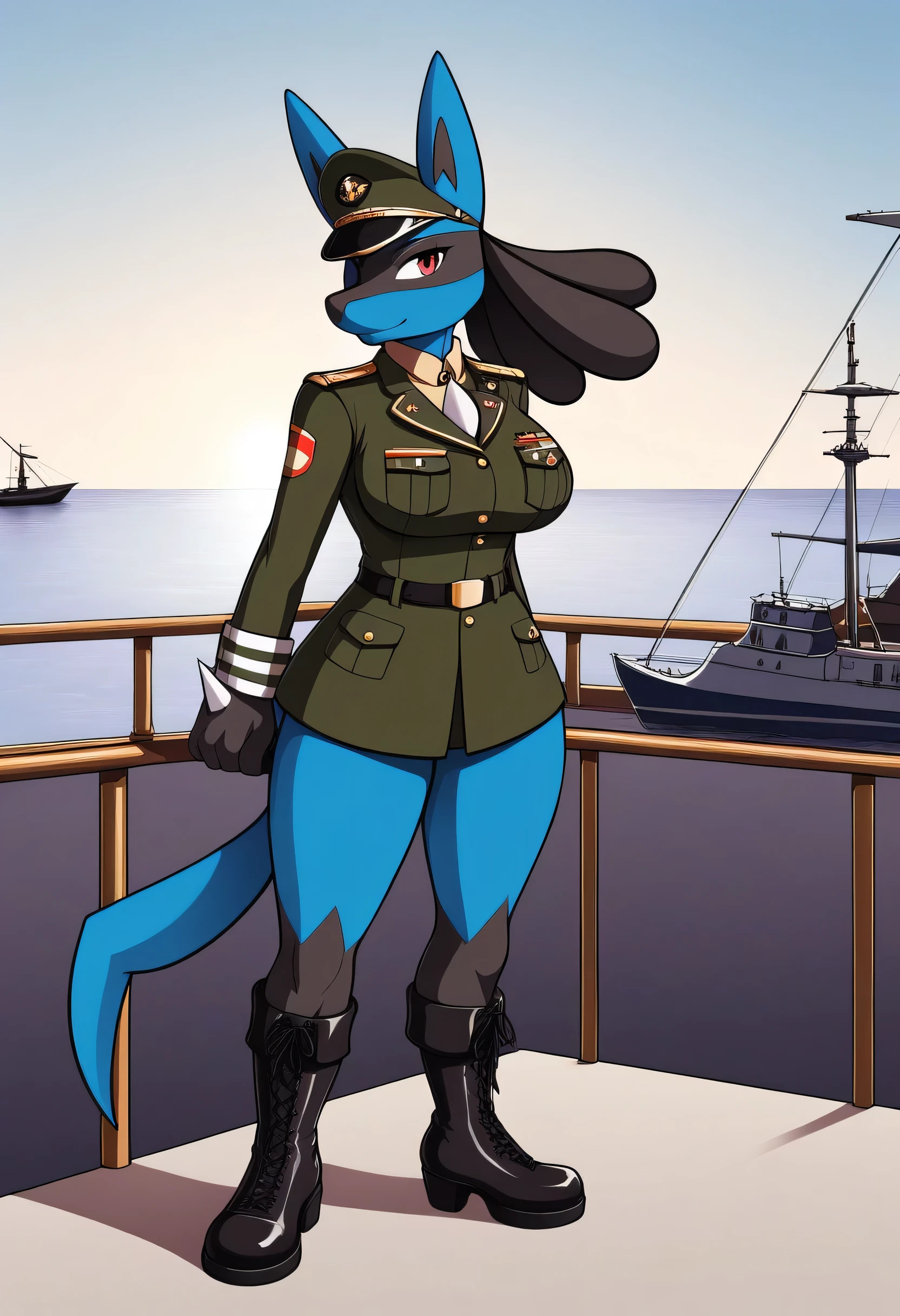  large breasts, military outfit, ship backround, masterpiece, long_legs, standing_up, military boots, tall_stack,LucarioXL, military_hat, long_legs,