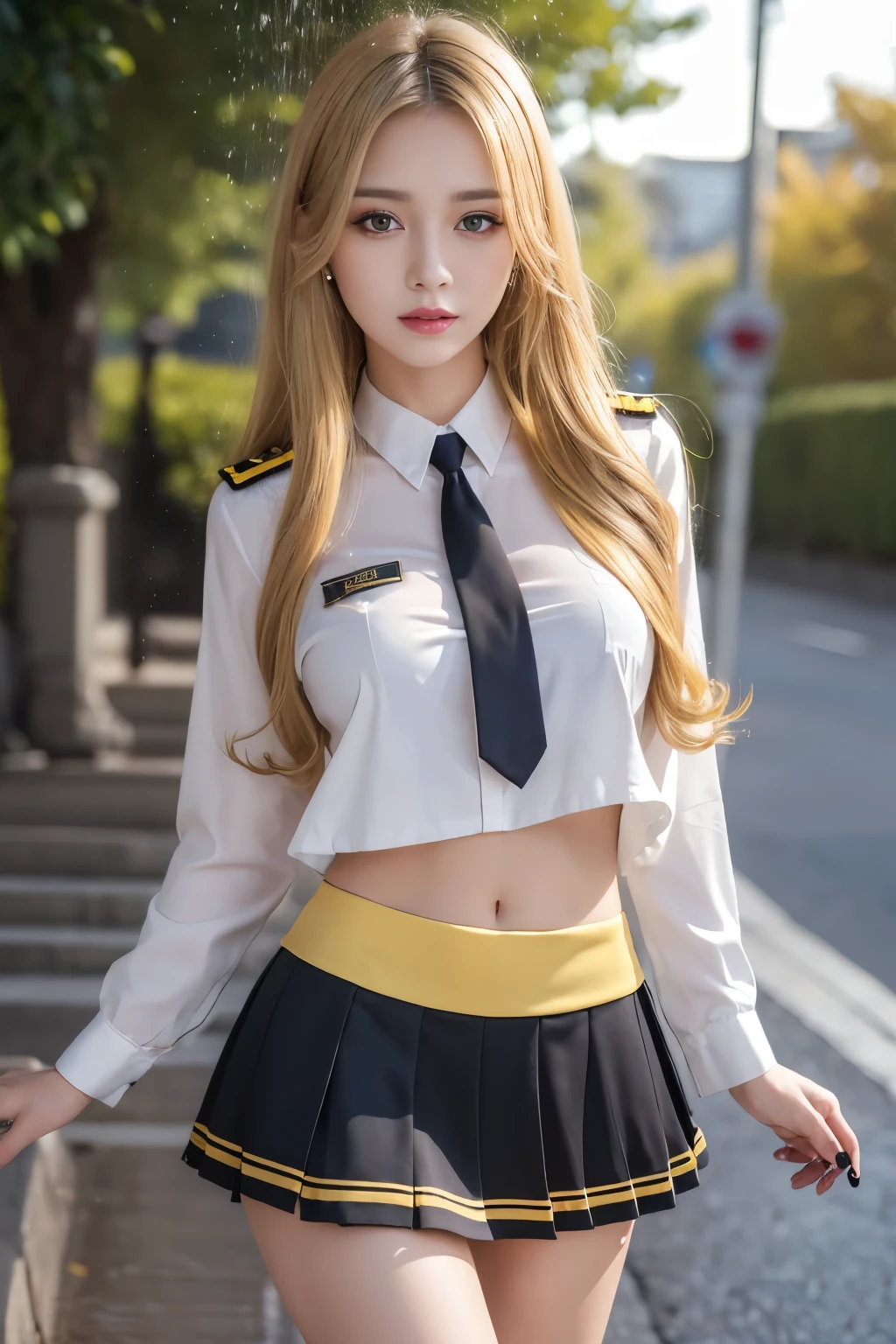 ( highest quality，4K，masterpiece：1.2），Beautiful woman，1 girl，sexy：1.1，Dark yellow hair：1.1，Woman wearing ，Soaked uniform，Highly detailed face，Lip details，Fine Eyes，double eyelid，mini skirt ，