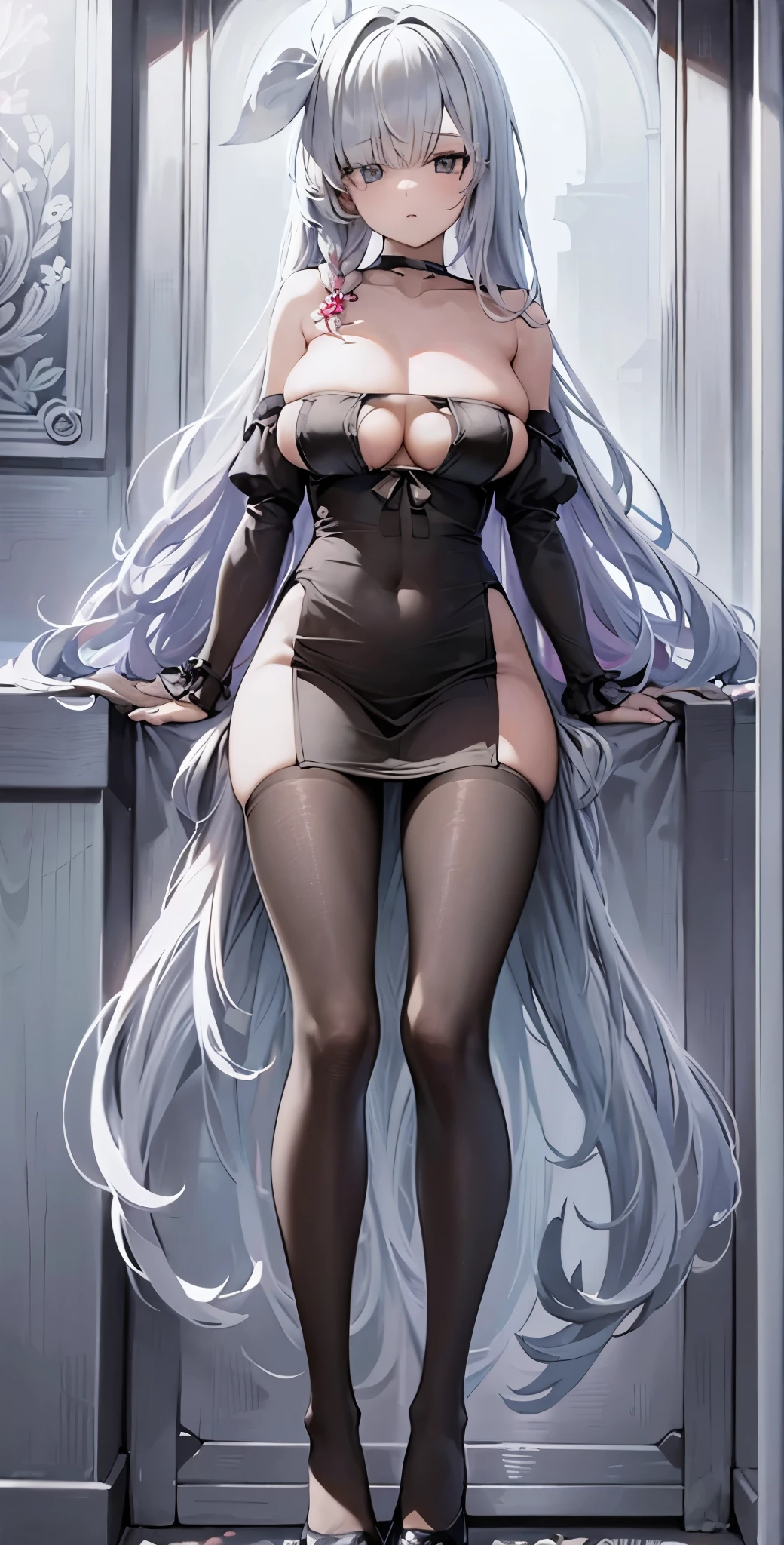 1girl, solo, long hair, breasts, bangs, large breasts, hair ornament, dress, holding, cleavage, bare shoulders, sitting,