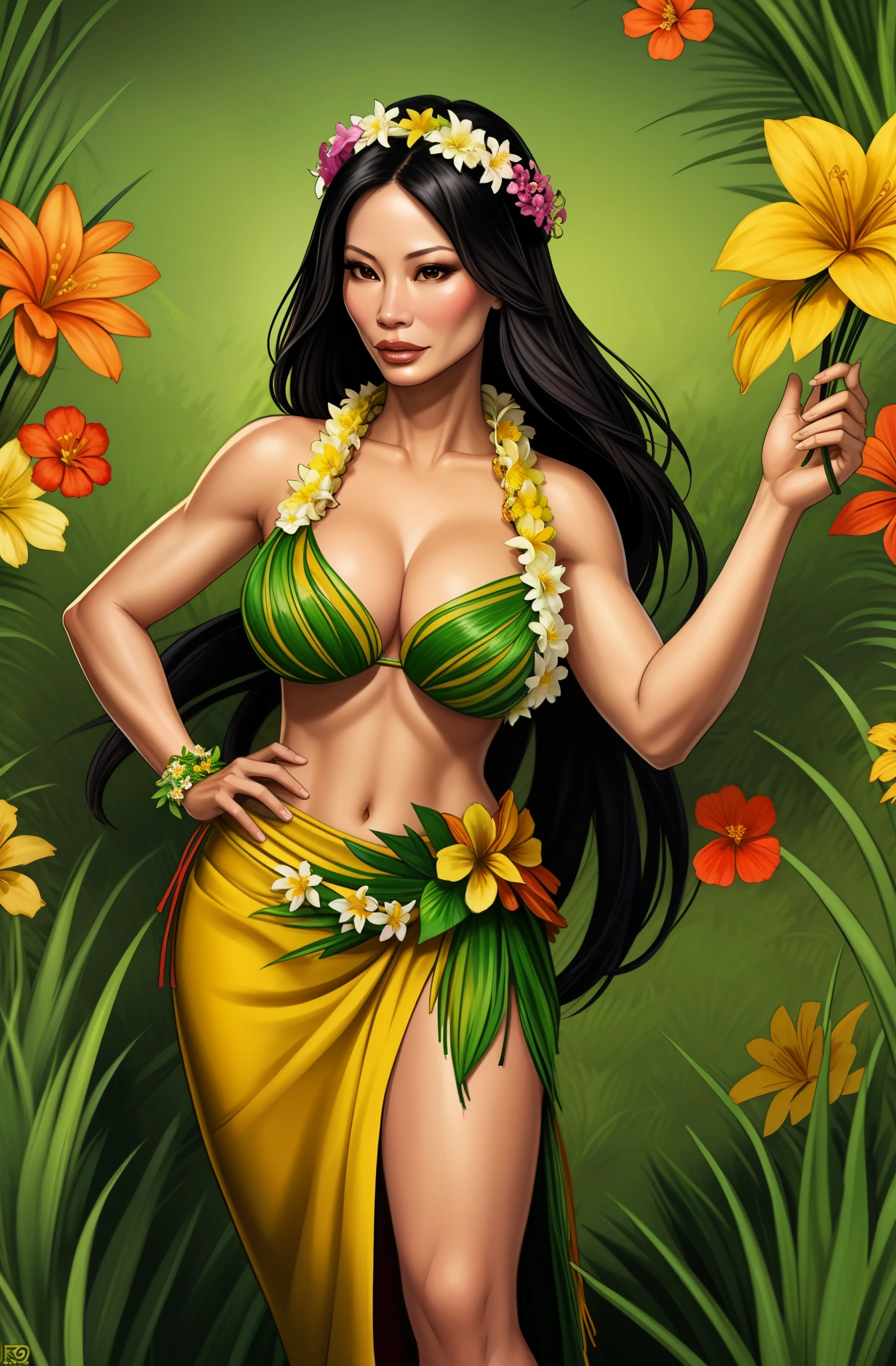 Lucy Liu wearing a garland of flowers, girl wearing a lei, grass skirt