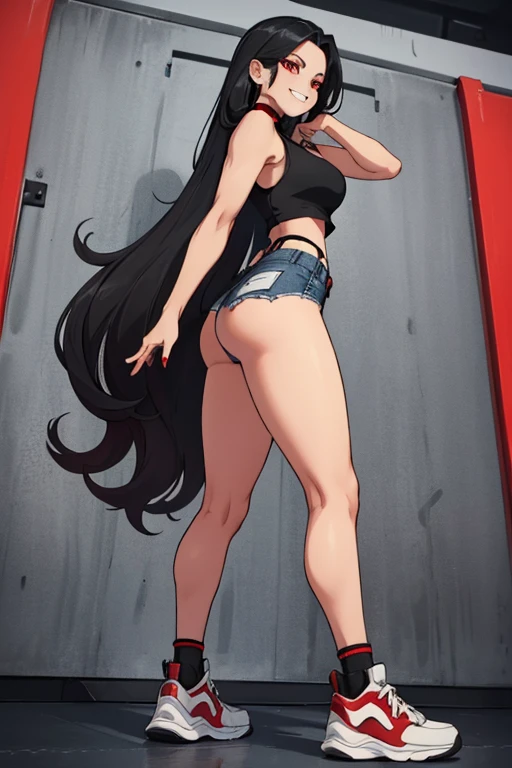 female, silver long hair with black highlights, red eyes, (((1girl))), (((red cropped tank top))), (black denim jeans), (black sneakers), (black belt), (black choker), cute and sexy, full body, large breasts, large butt, long legs, smiling
