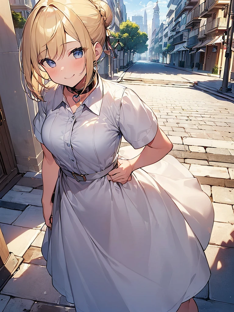 (Masterpiece, Top quality: 1.5), 1 beautiful girl, blond, walking,  (Short sleeve dress with collar :1.3) ,  blond hair, medium hair, tying a bun back,(15 year old:1.2), medium breasts, standard weight, one knapsack, (smile:1.2), blush :1.2, Beautiful scene of a quiet residential area,Mediterranean cityscape, magnificent panorama view, dynamic pose