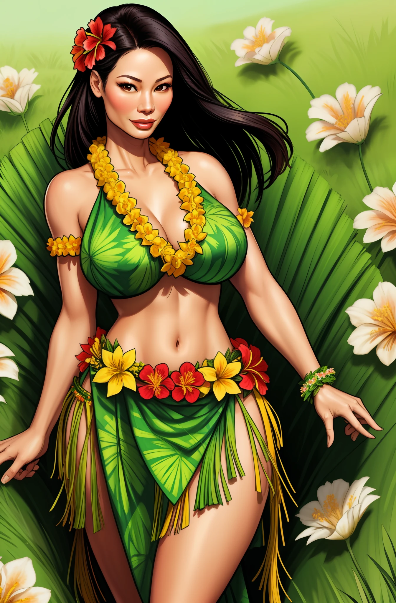 Lucy Liu  wearing a garland of flowers, girl wearing a lei, grass skirt, slight smile, seductive
